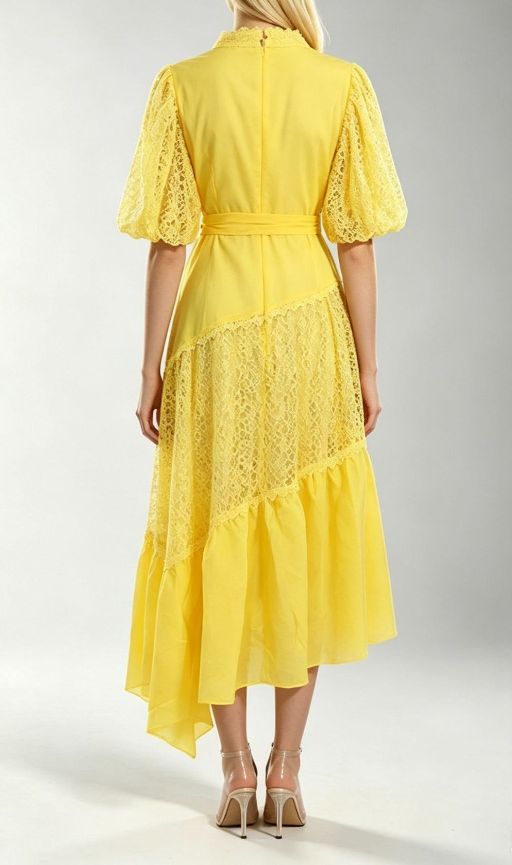 Klara Yellow Puff Sleeve Lace Midi Dress