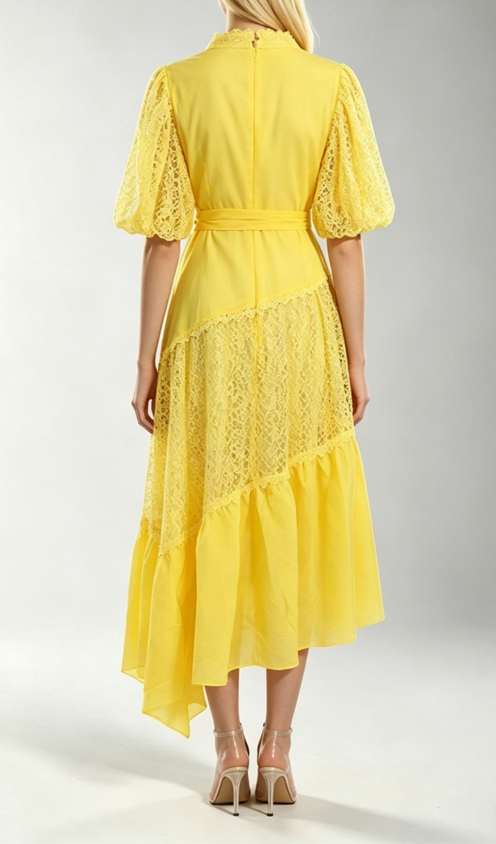 Klara Yellow Puff Sleeve Lace Midi Dress