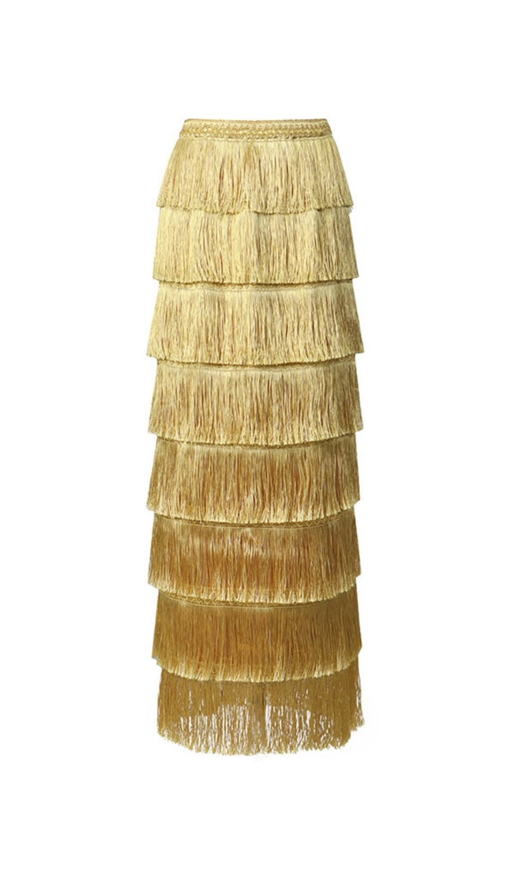 Norylin Gold Fringe Tiered Maxi Skirt - Effortless Glamour & Style for Women