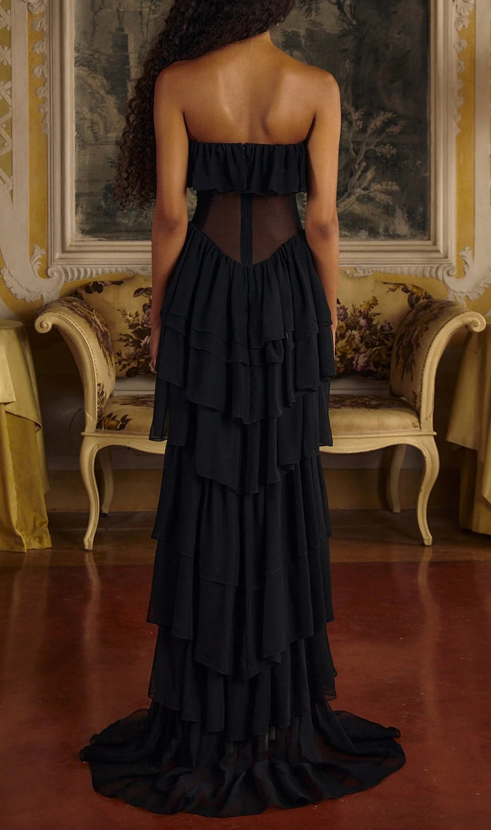 Angelie Black Ruffle Corset Maxi Dress