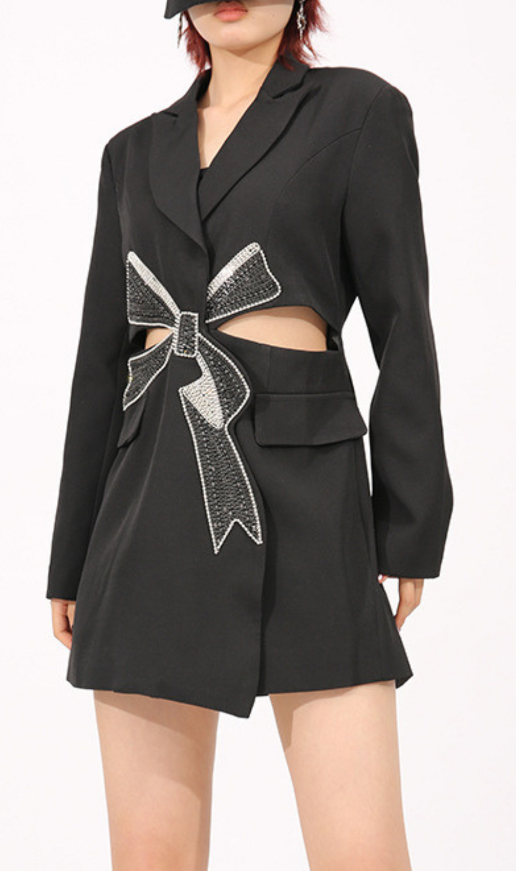 Farida Black Long Sleeve Diamante Bow Mini Blazer Dress