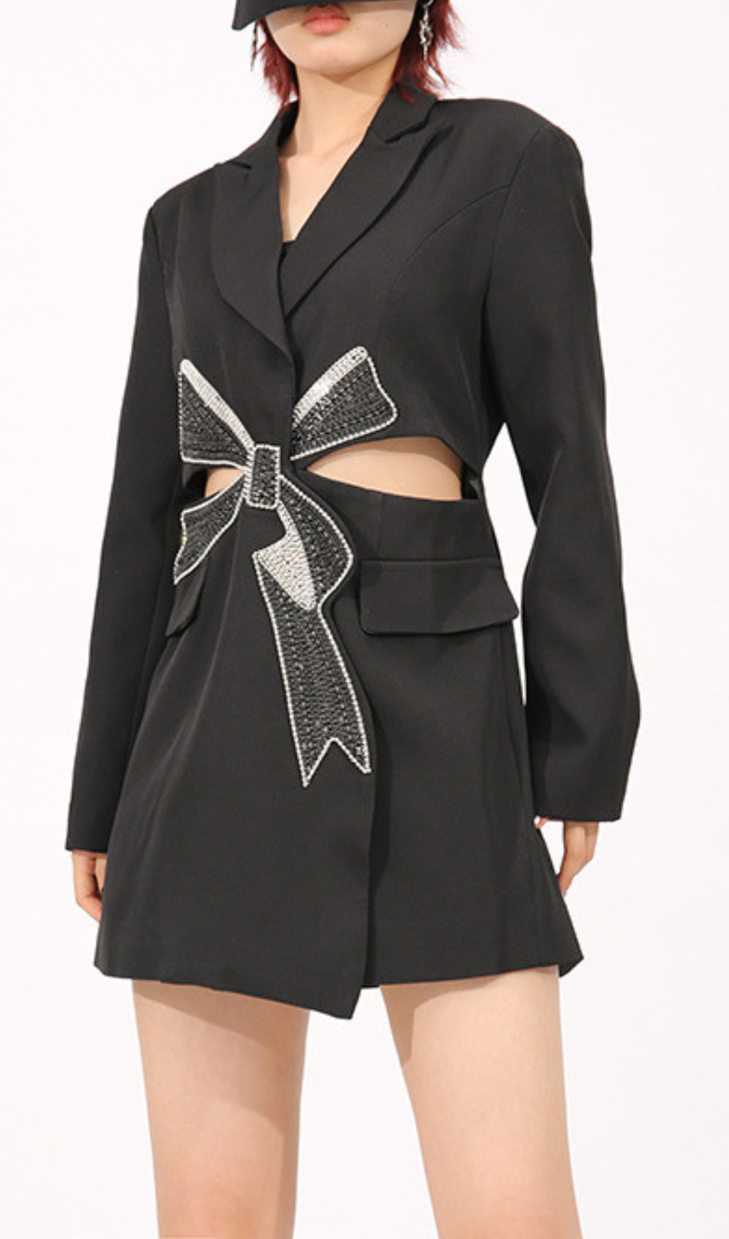 Farida Black Long Sleeve Diamante Bow Mini Blazer Dress