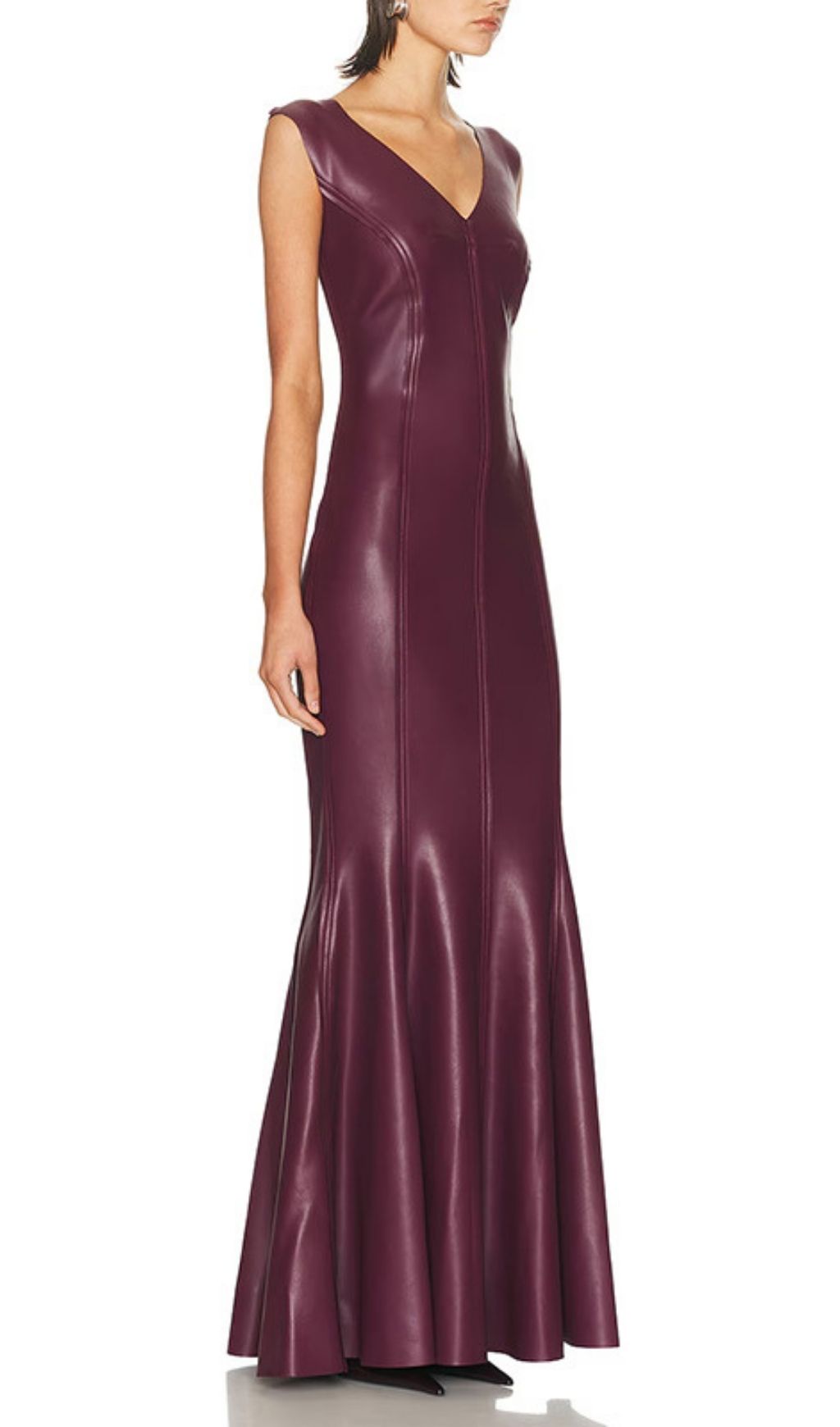 Kanai Luxe Plum Faux Leather V-Neck Maxi Dress - Sleeveless Evening Gown