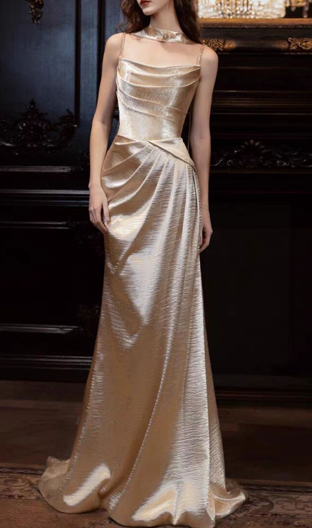 Hung Champagne Strappy Ruched Maxi Dress