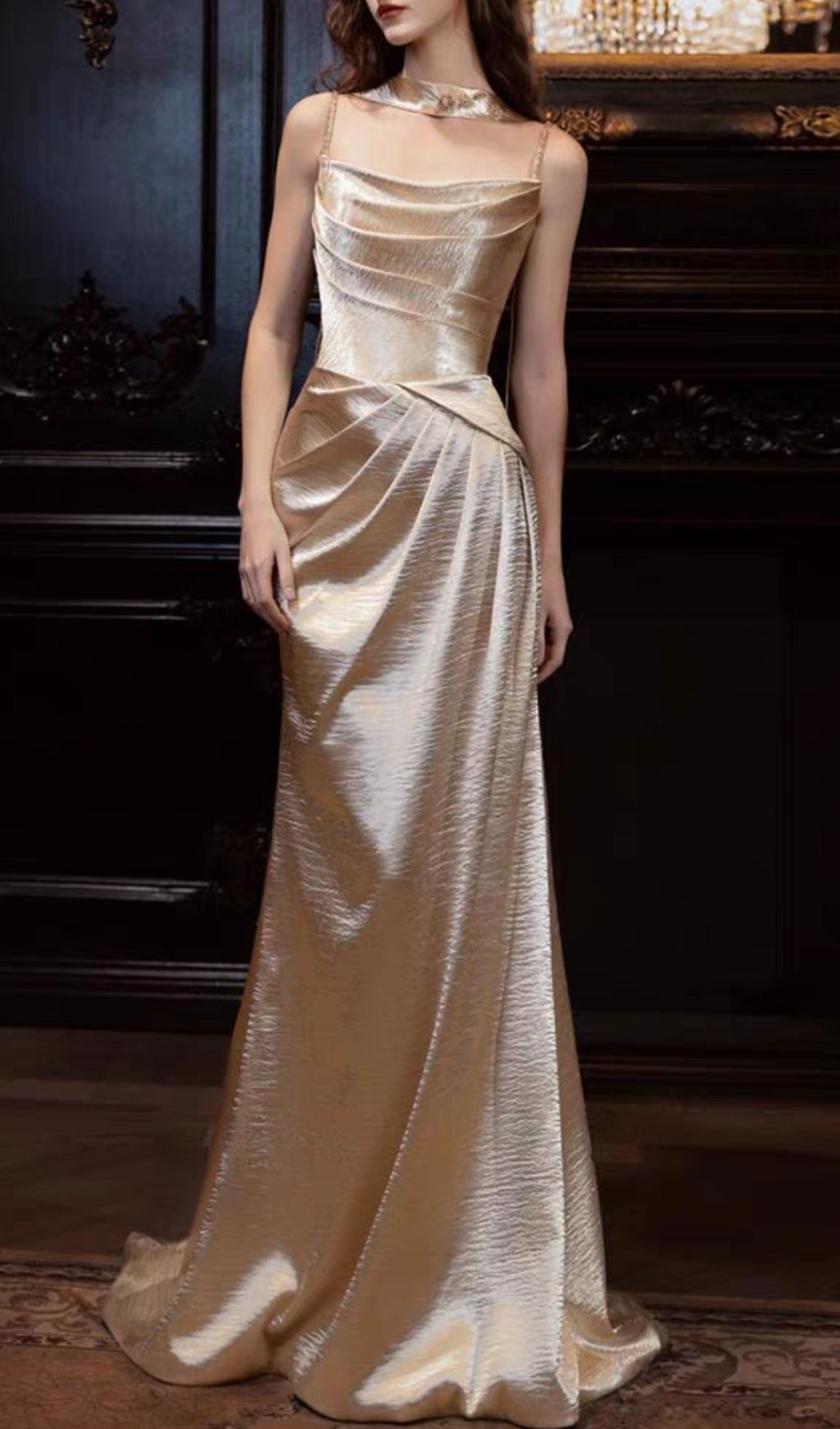 Hung Champagne Strappy Ruched Maxi Dress