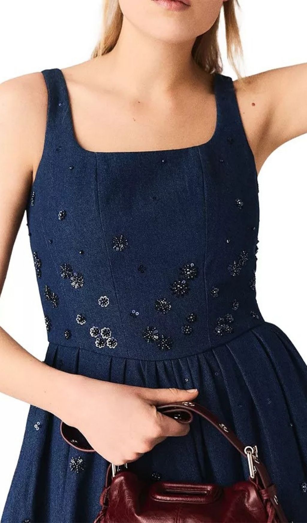 Chic Floral Sequin Embroidered Denim Dress - Square Neck Fit & Flare