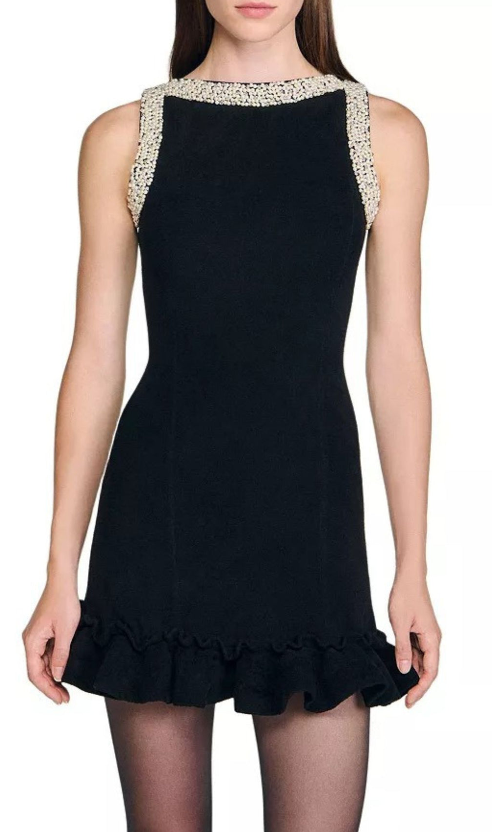 Chic Faux-Pearl Beaded Mini Dress - Sleeveless Ruffle Hem Cocktail Dress