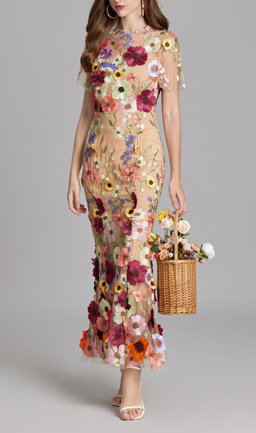 Carol Floral Embroidery Mesh Fishtail Midi Dress