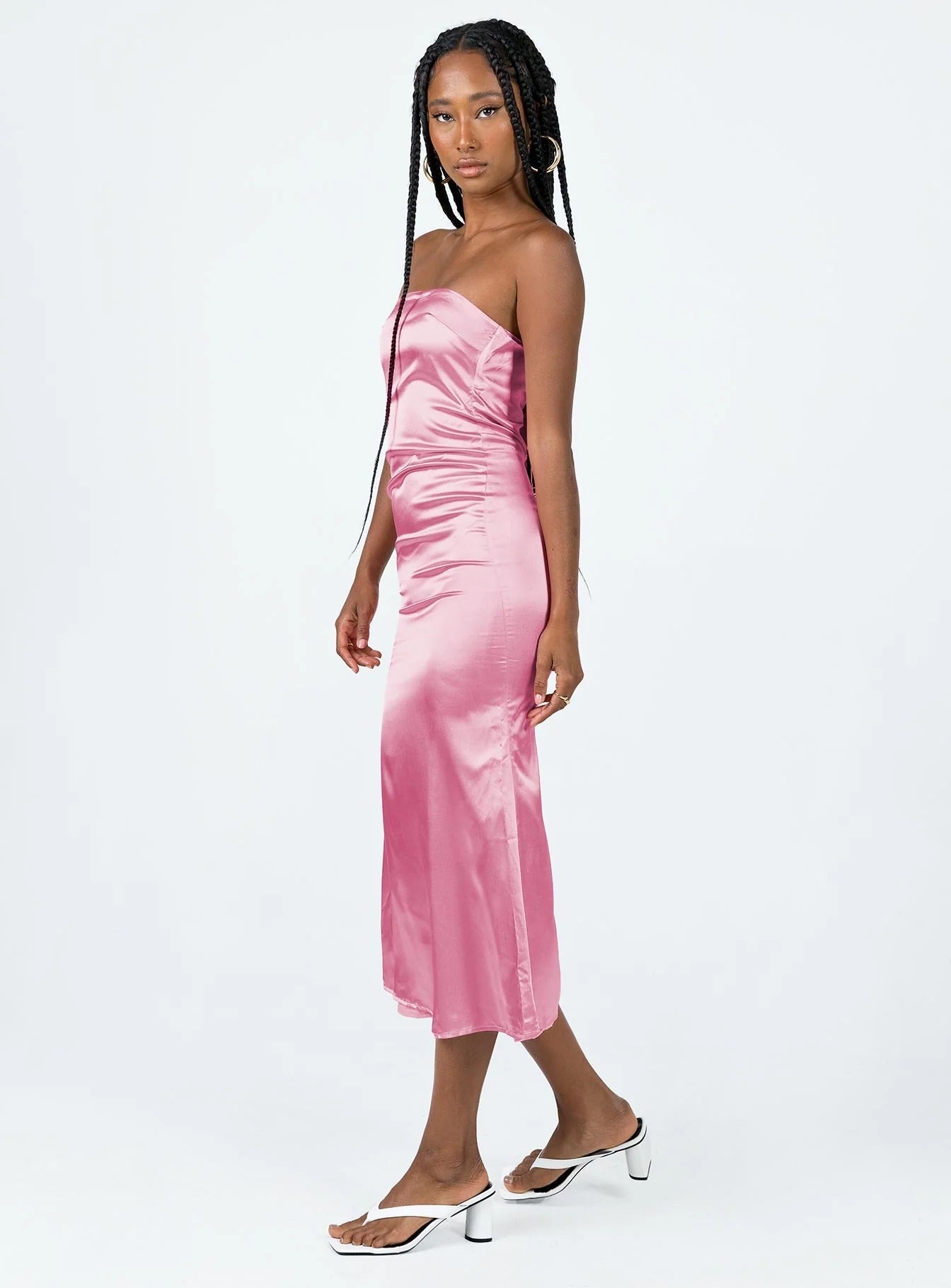 Pink Satin Halter Ruched Midi Dress with Back Bow