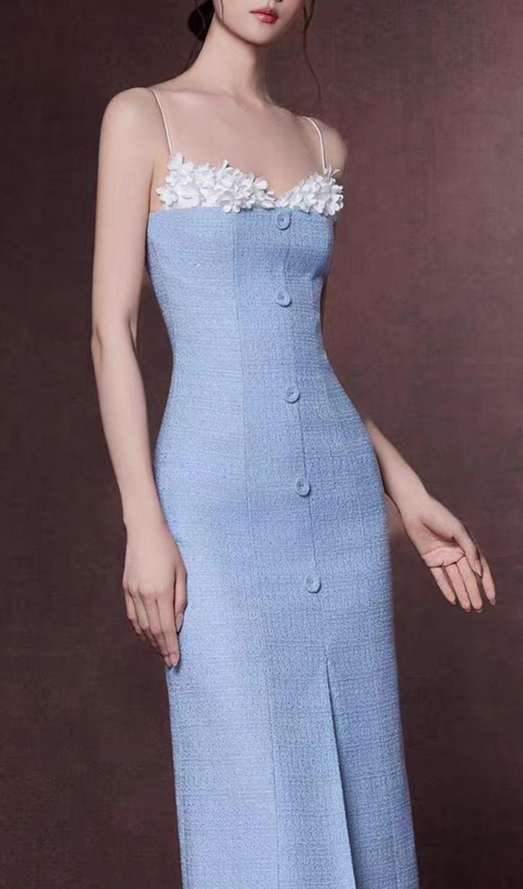 Juana Blue Floral Tweed Strappy Slit Midi Dress - Elegant Wedding Guest & Cocktail Attire