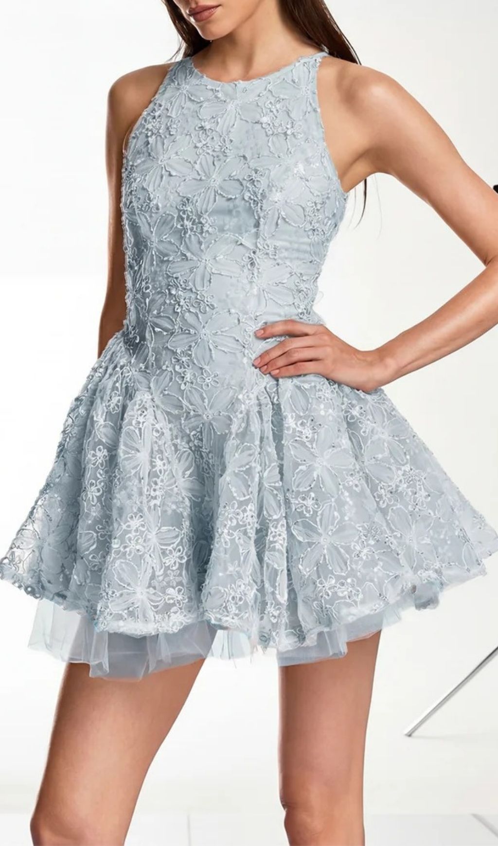 Katsumi Blue Floral Halter Mini Dress | Chic & Romantic Lace