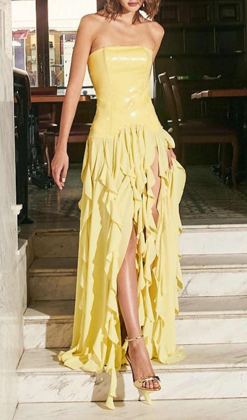 Kalki Dazzling Yellow Strapless Sequin Ruffle Maxi Dress