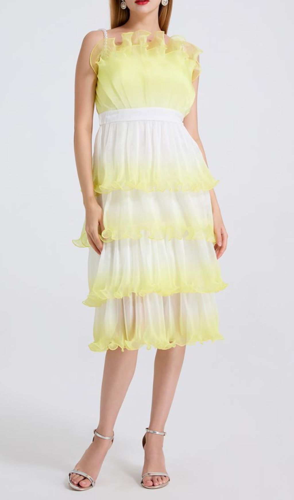 Fiene Yellow Strappy Cake Midi Dress