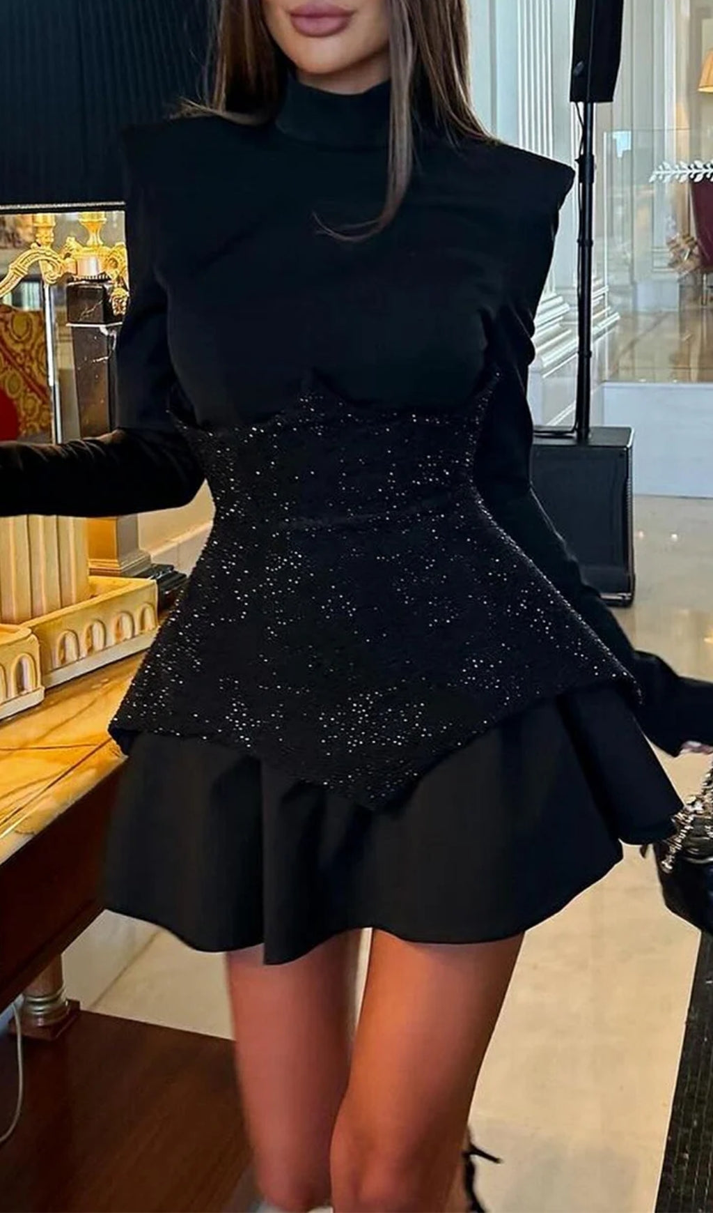 Atiya Rhinestone Long Sleeve Mini Dress