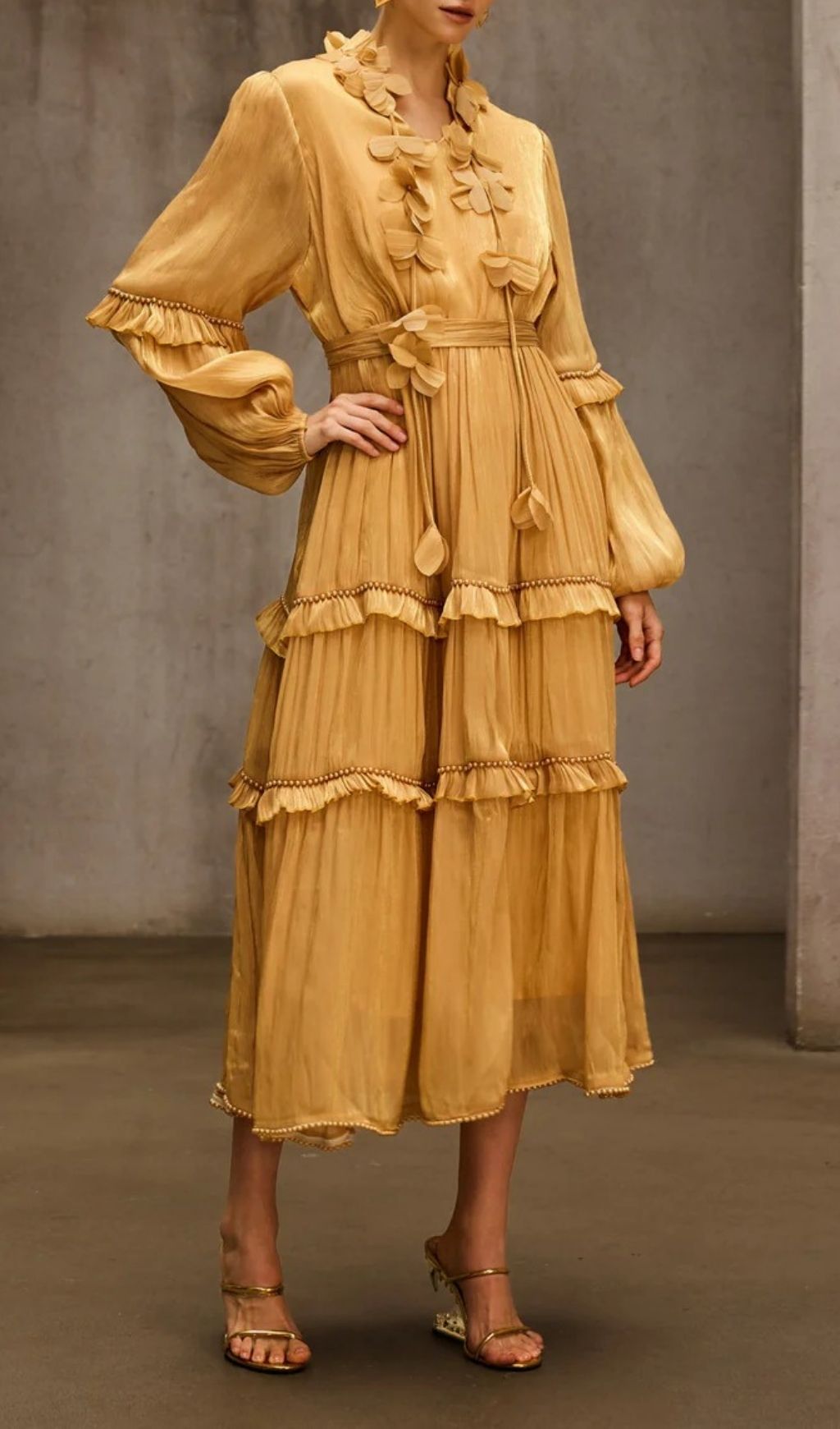 Dzon Luxe Golden Tiered Midi Dress with 3D Floral Appliques & Ruffles