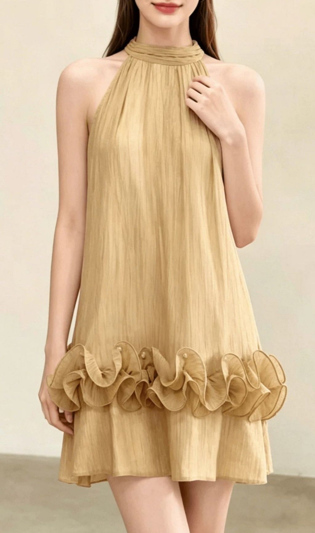 Kila Golden Halter Ruffle Mini Dress - Chic Summer & Vacation Essential