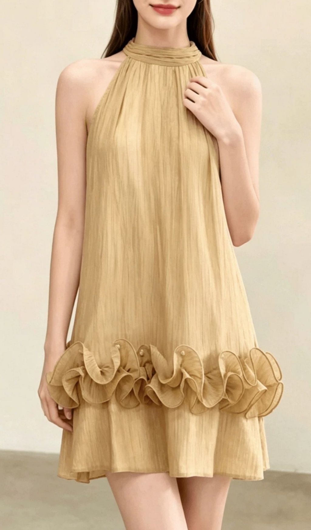 Kila Golden Halter Ruffle Mini Dress - Chic Summer & Vacation Essential