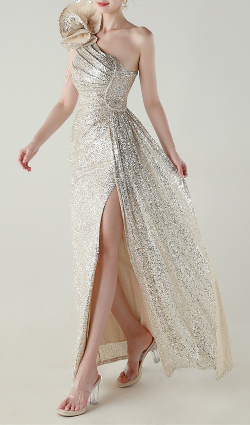 Ikia Silver Sequin One-Shoulder Maxi Dress | Dazzling Formal Gown with Slit