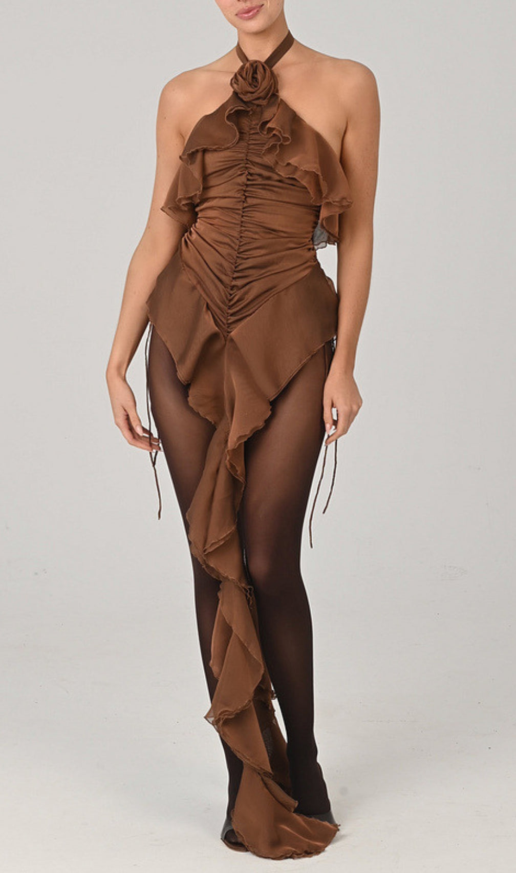 Estelle Brown Flower Halter Ruched Ruffle Mini Dress