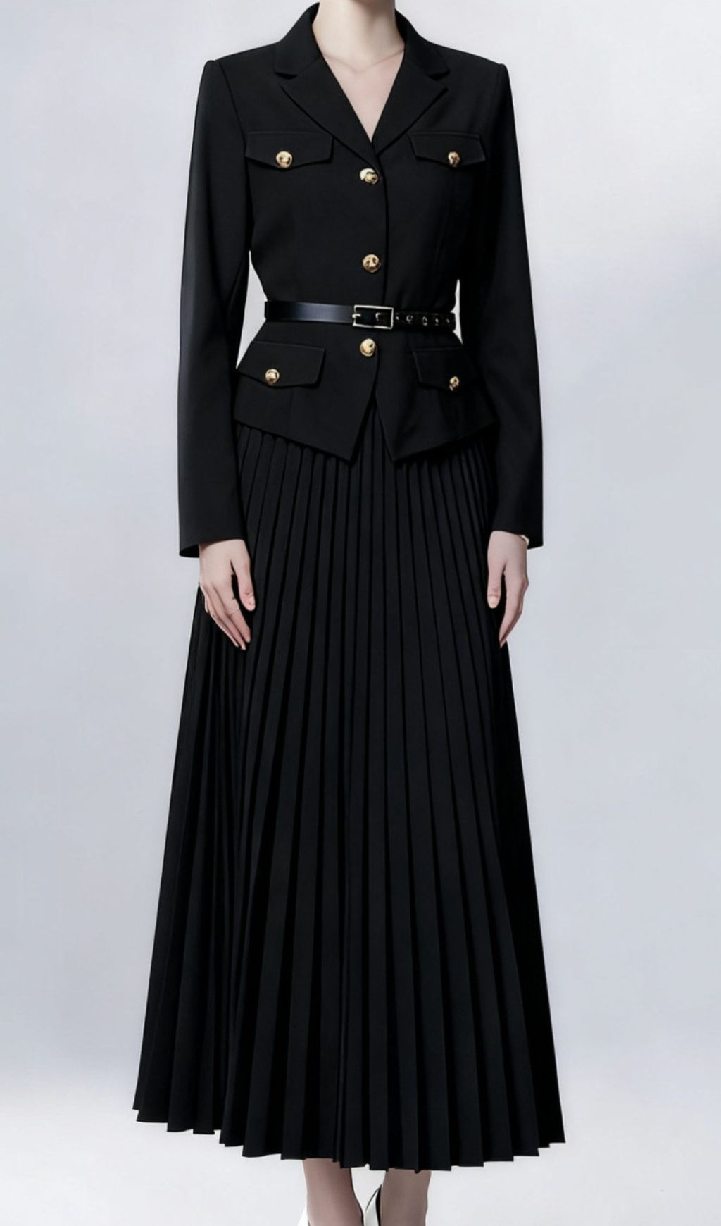 Ieva Chic Black Belted Blazer & Pleated Maxi Skirt Set