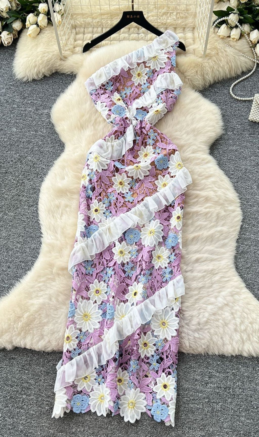 Caden Purple Flower Embroidery One-Shoulder Maxi Dress