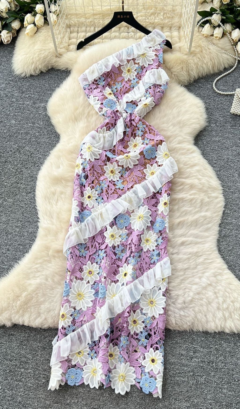 Caden Purple Flower Embroidery One-Shoulder Maxi Dress