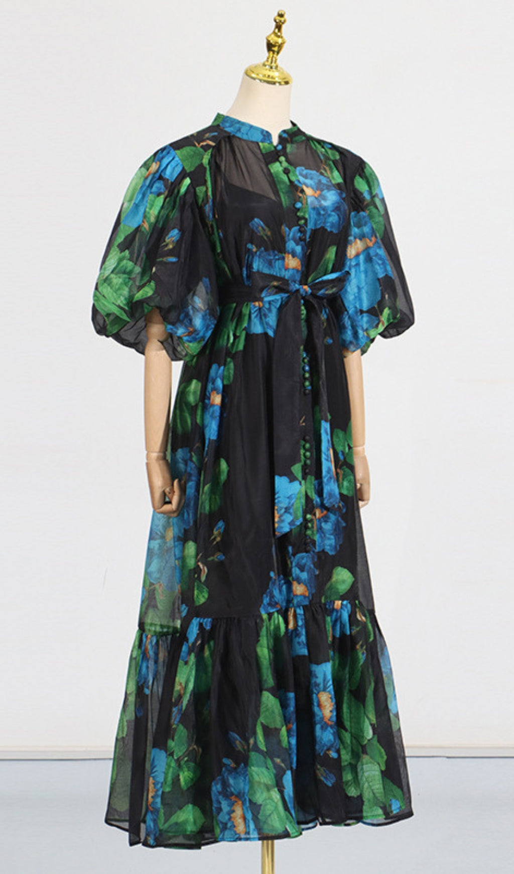 Drosera Printed Puff-Sleeve Midi Dress