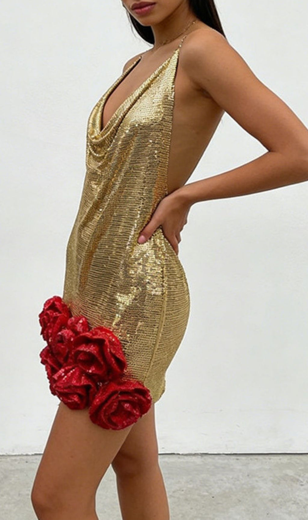 Kaylyn Dazzling Gold Sequin Mini Dress with Red Rose Hem & Cowl Neck