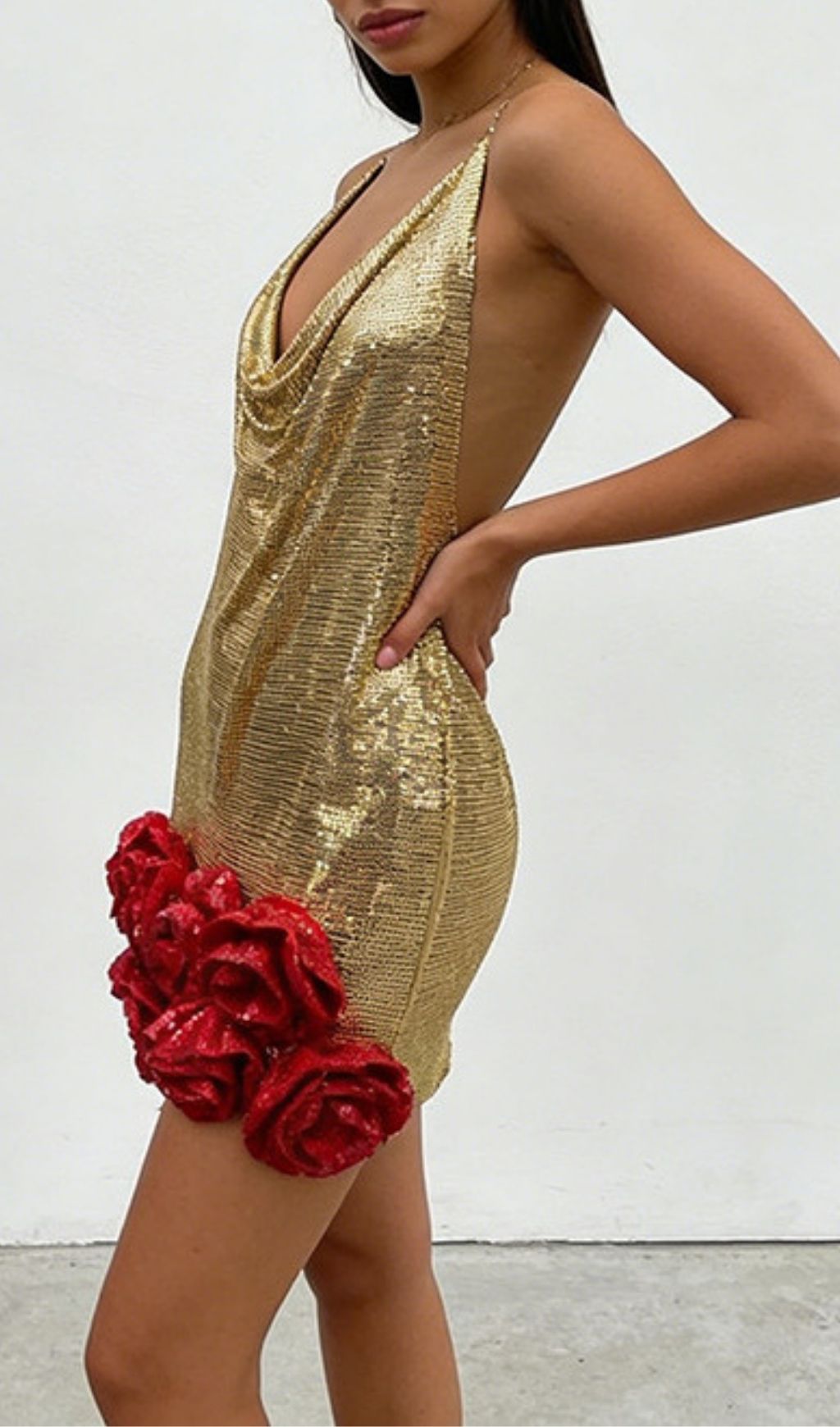 Kaylyn Dazzling Gold Sequin Mini Dress with Red Rose Hem & Cowl Neck