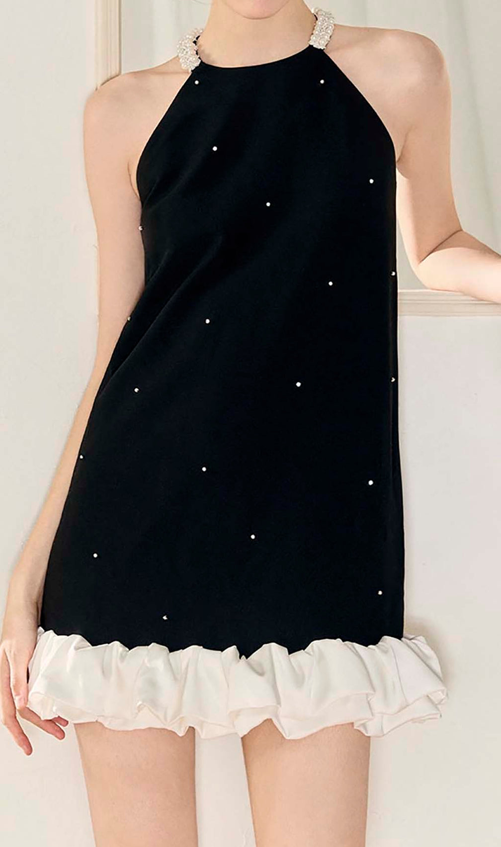Frill Pearl Mini Dress In Black