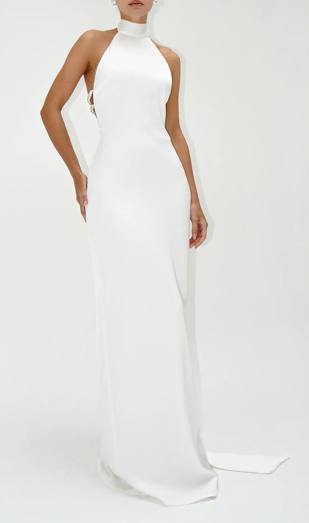 Birger White Halter Pearl Backless Maxi Dress