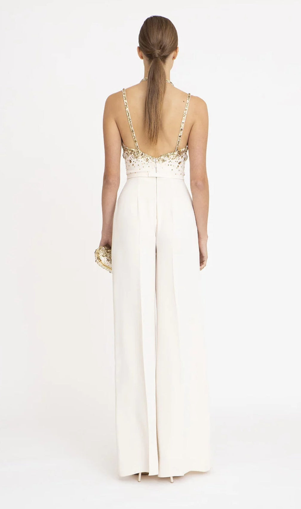 V-Neck Sequin Halter Suit In White