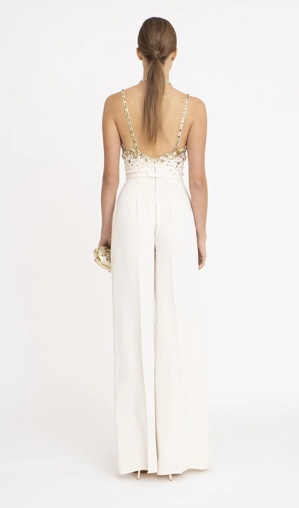 V-Neck Sequin Halter Suit In White