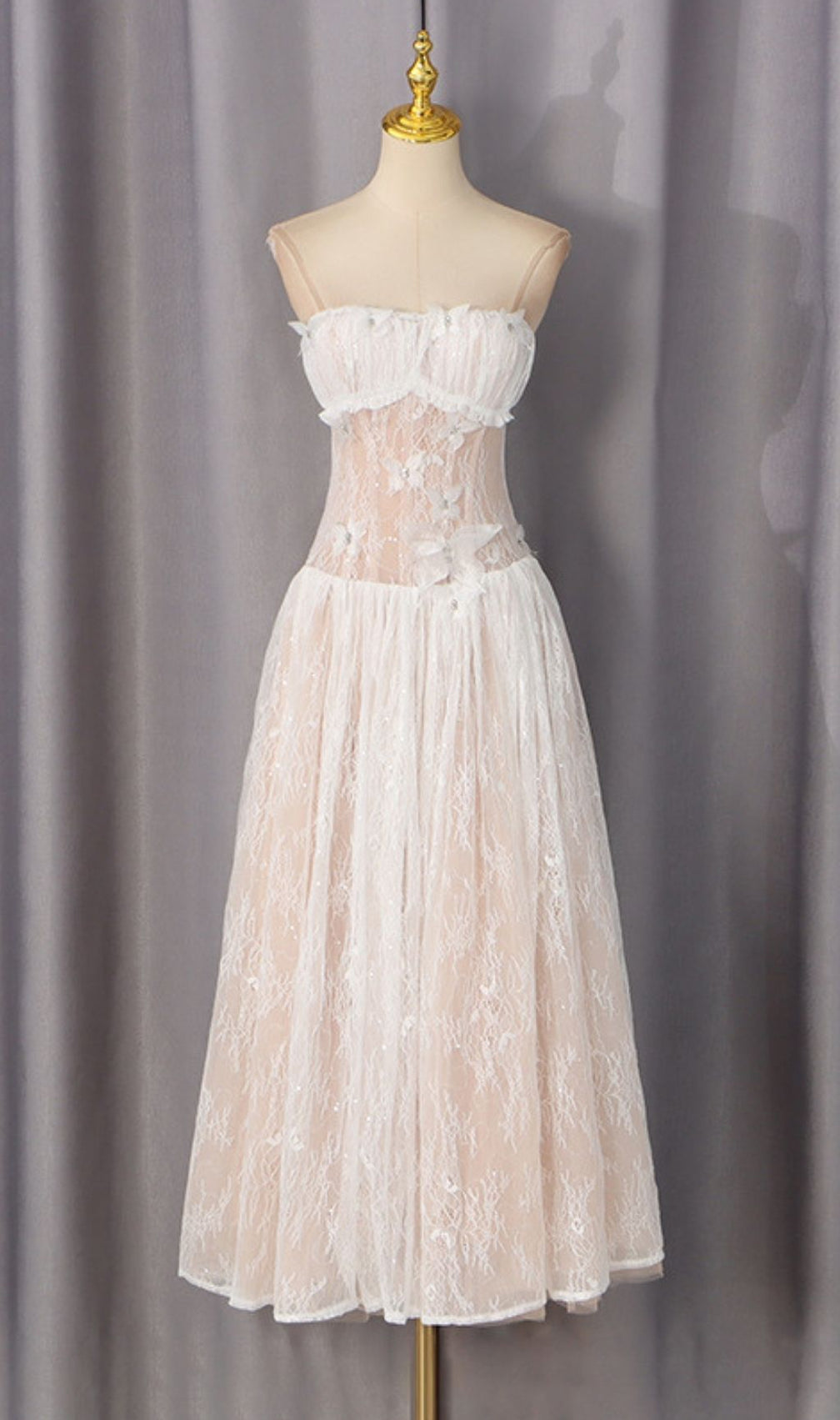 Sally 3D Butterfly Waist-Cinching Strapless Lace Maxi Dress