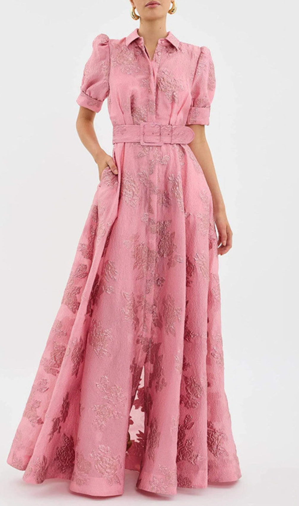 Cenobia Pink Embossed Belt Maxi Dress