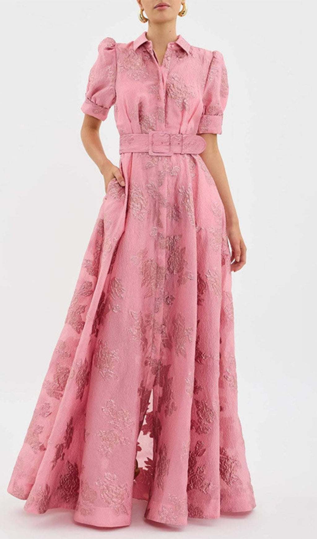 Cenobia Pink Embossed Belt Maxi Dress