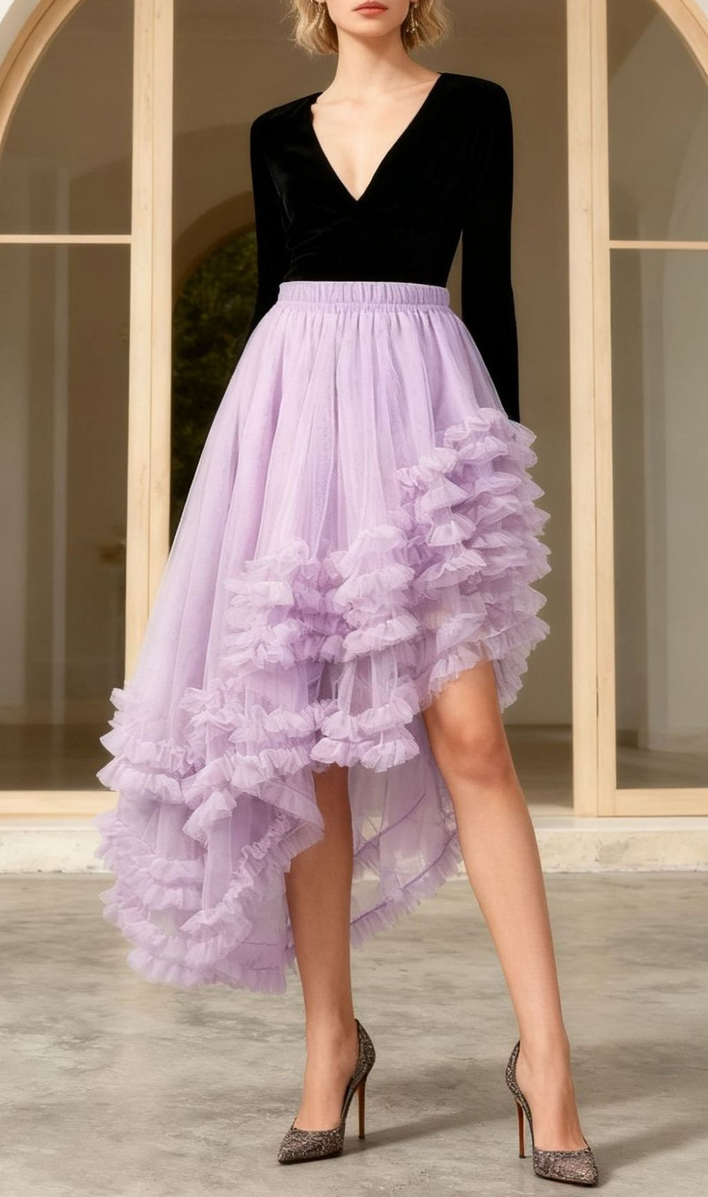 Kaylan Lavender Ruffled High-Low Mesh Midi Skirt