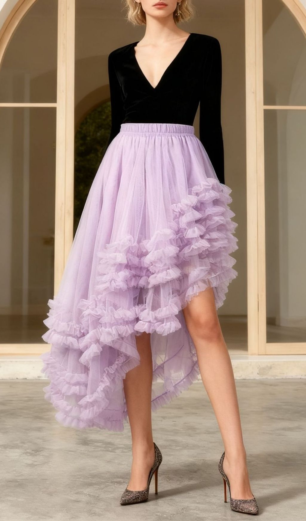 Kaylan Lavender Ruffled High-Low Mesh Midi Skirt