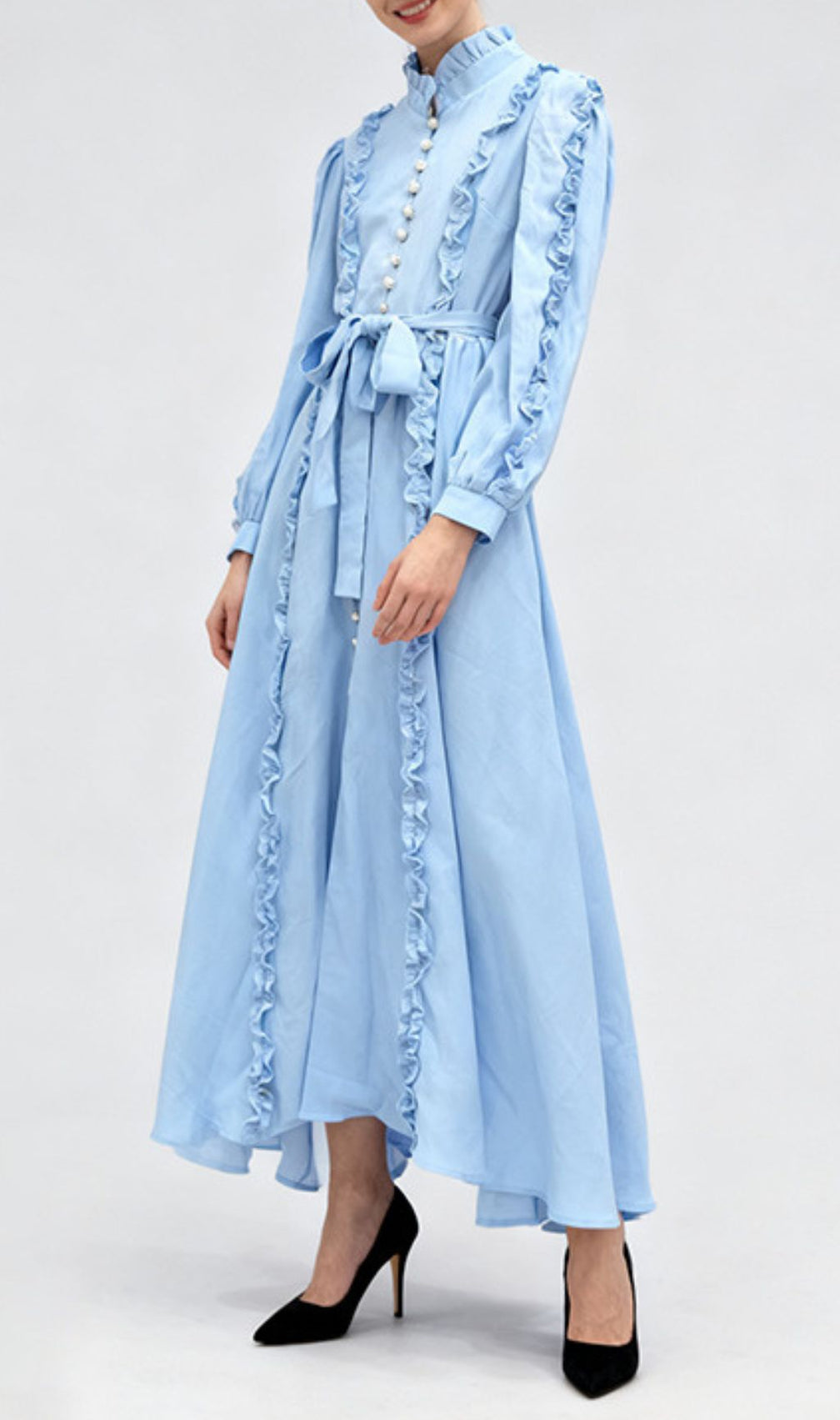 Iria Blue Ruffled Maxi Dress - Elegant Long Sleeve Formal Gown with Pearl Buttons