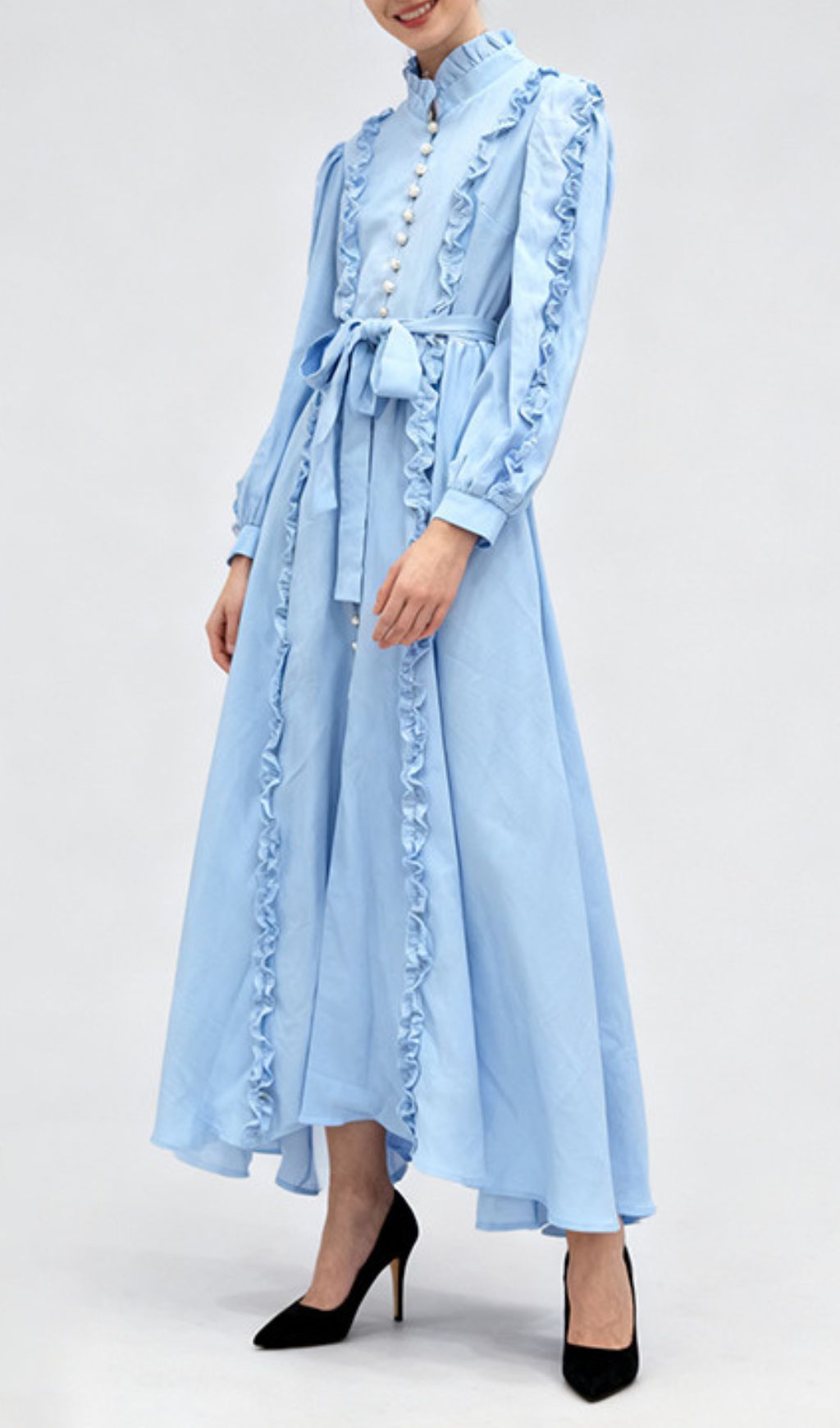 Iria Blue Ruffled Maxi Dress - Elegant Long Sleeve Formal Gown with Pearl Buttons