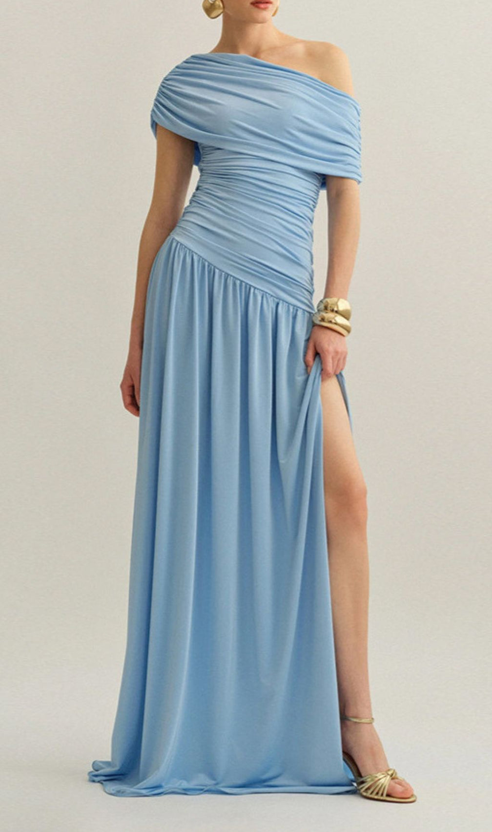 Josefa Sky Blue Ruched Off-Shoulder Maxi Dress with High Slit