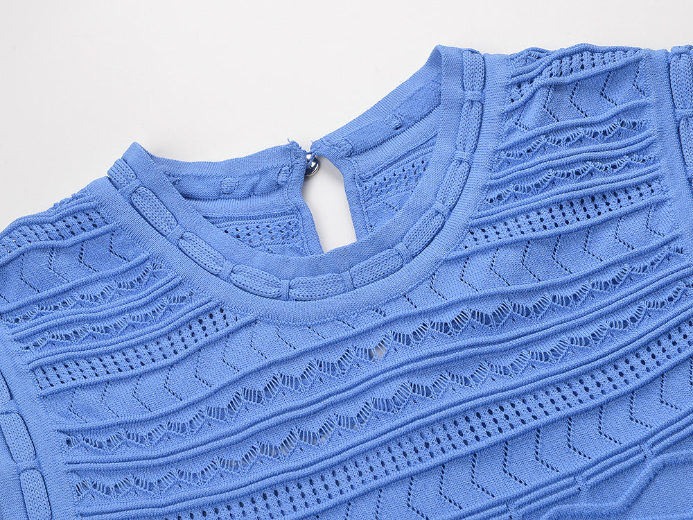 Karinna Blue Knit Midi Dress | Elegant Sleeveless Mock Neck for Women