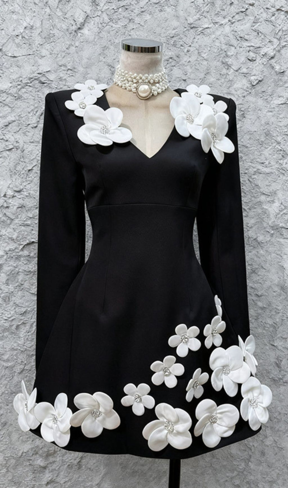 Janelle Chic Black Floral Long Sleeve Mini Dress with 3D Embellishments