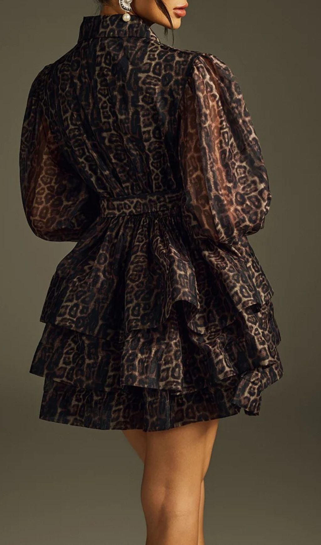 Hazra Fierce Leopard Print Tiered Mini Dress | Voluminous Sleeves & Tie Waist