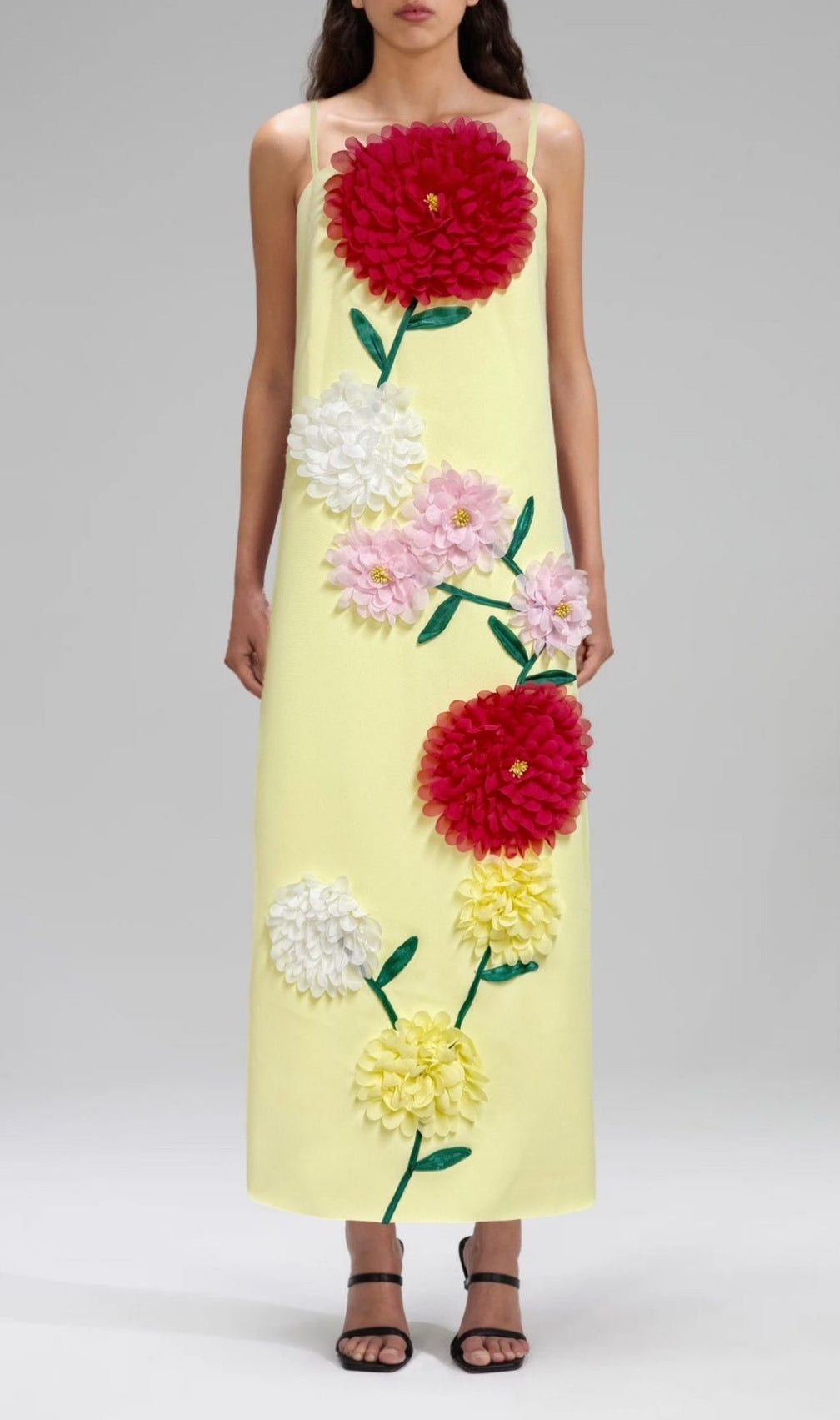 Erica Yellow 3D Floral Maxi Dress - Vibrant Strappy Gown for Women