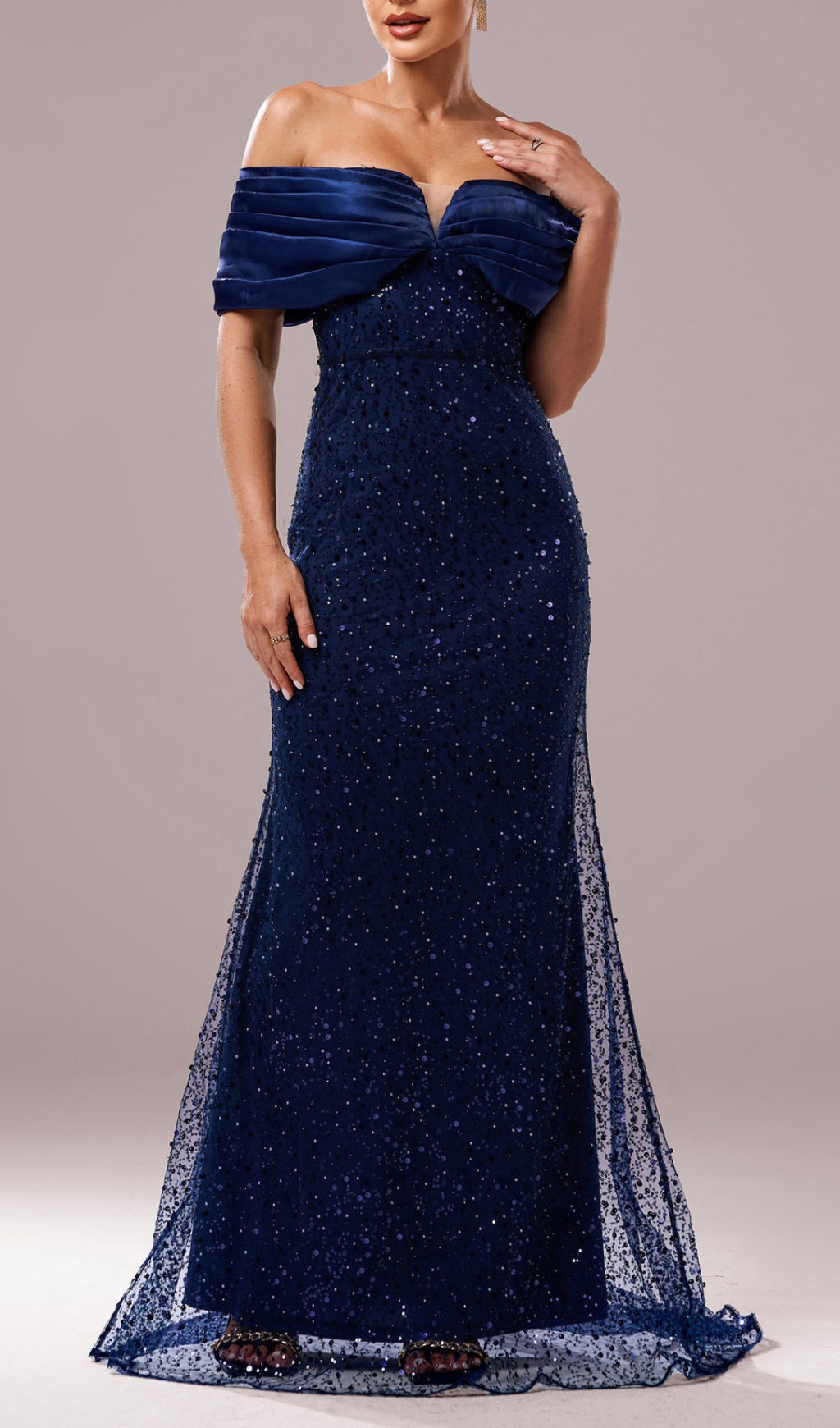 Dorit Navy Off-Shoulder Sequin Maxi Dress