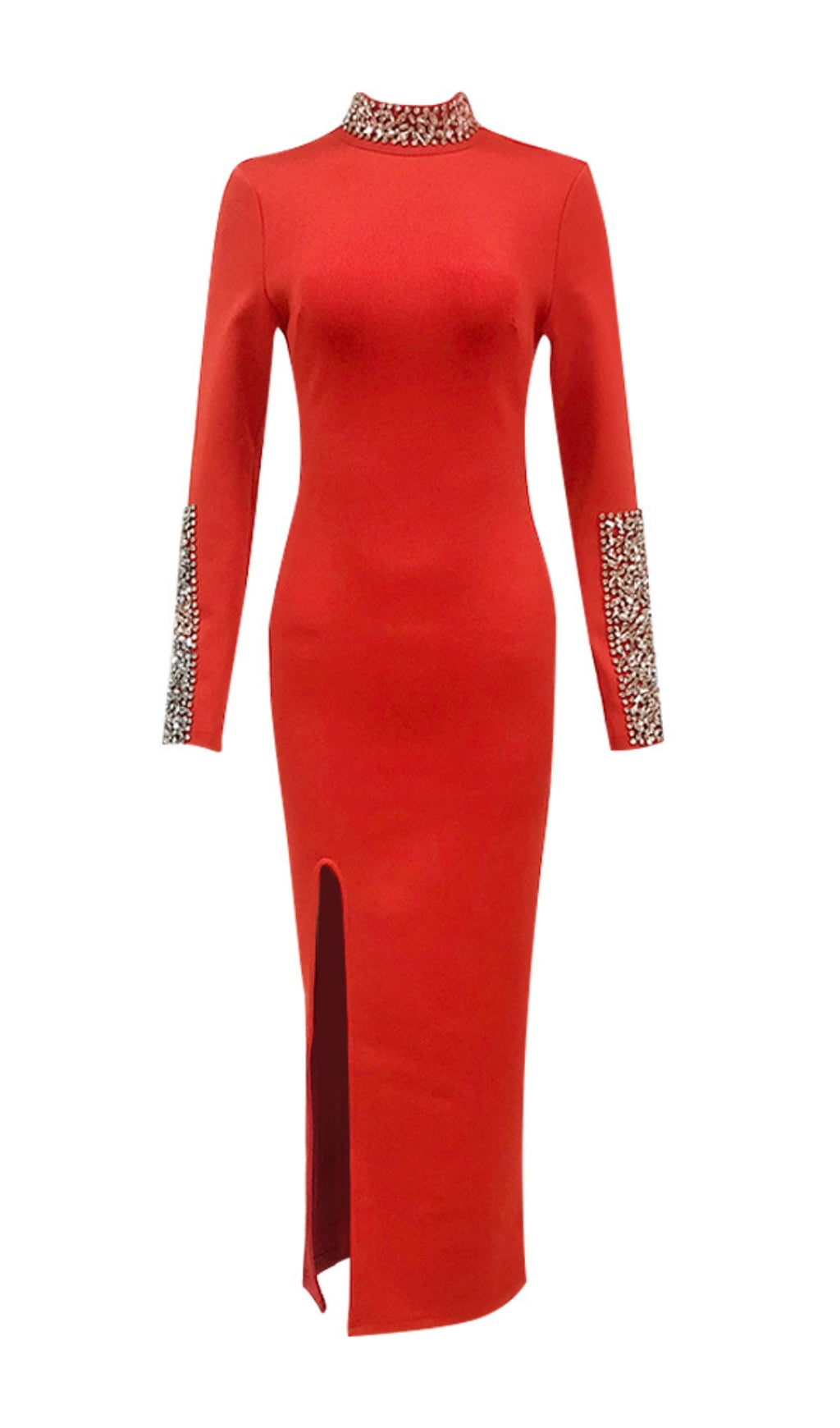 Bridie Red Long Sleeve Crystal Midi Dress