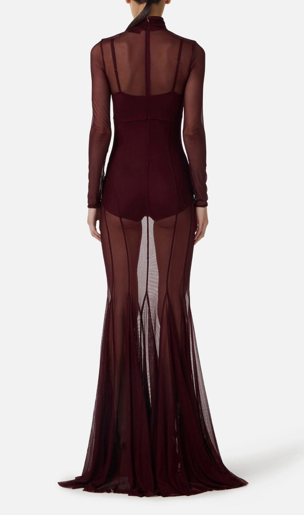 Kassie Allure Wine Sheer Mesh Long Sleeve Maxi Gown