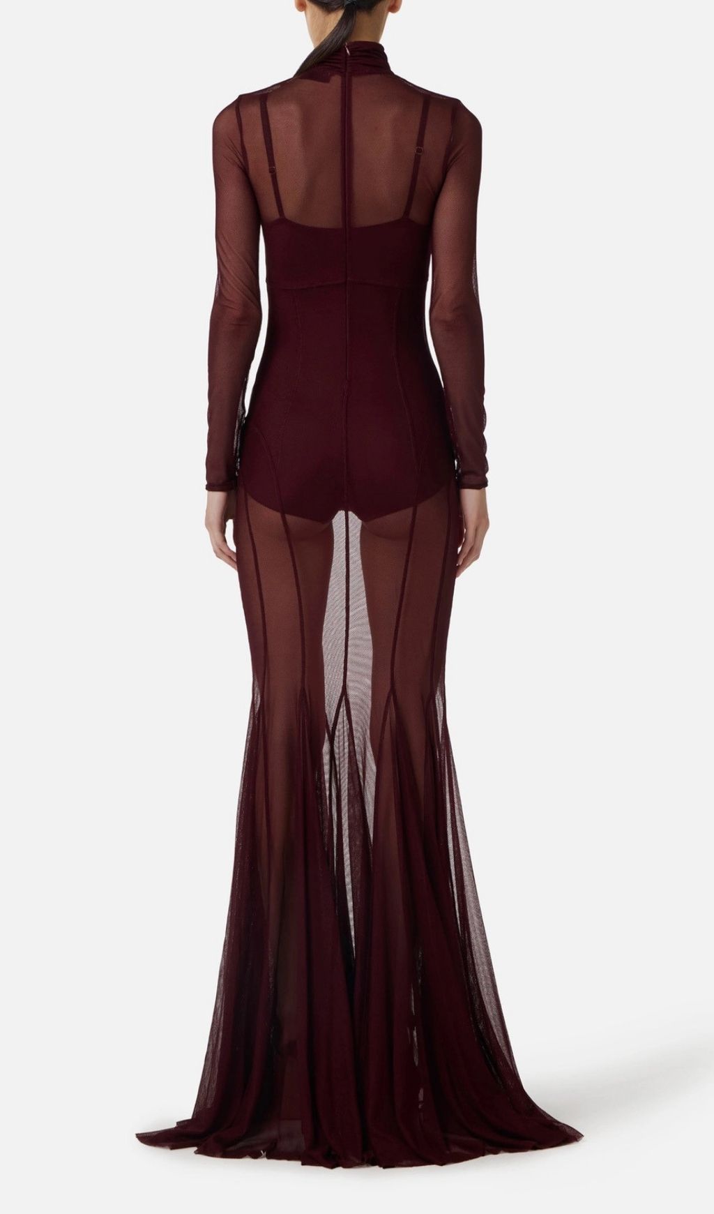Kassie Allure Wine Sheer Mesh Long Sleeve Maxi Gown