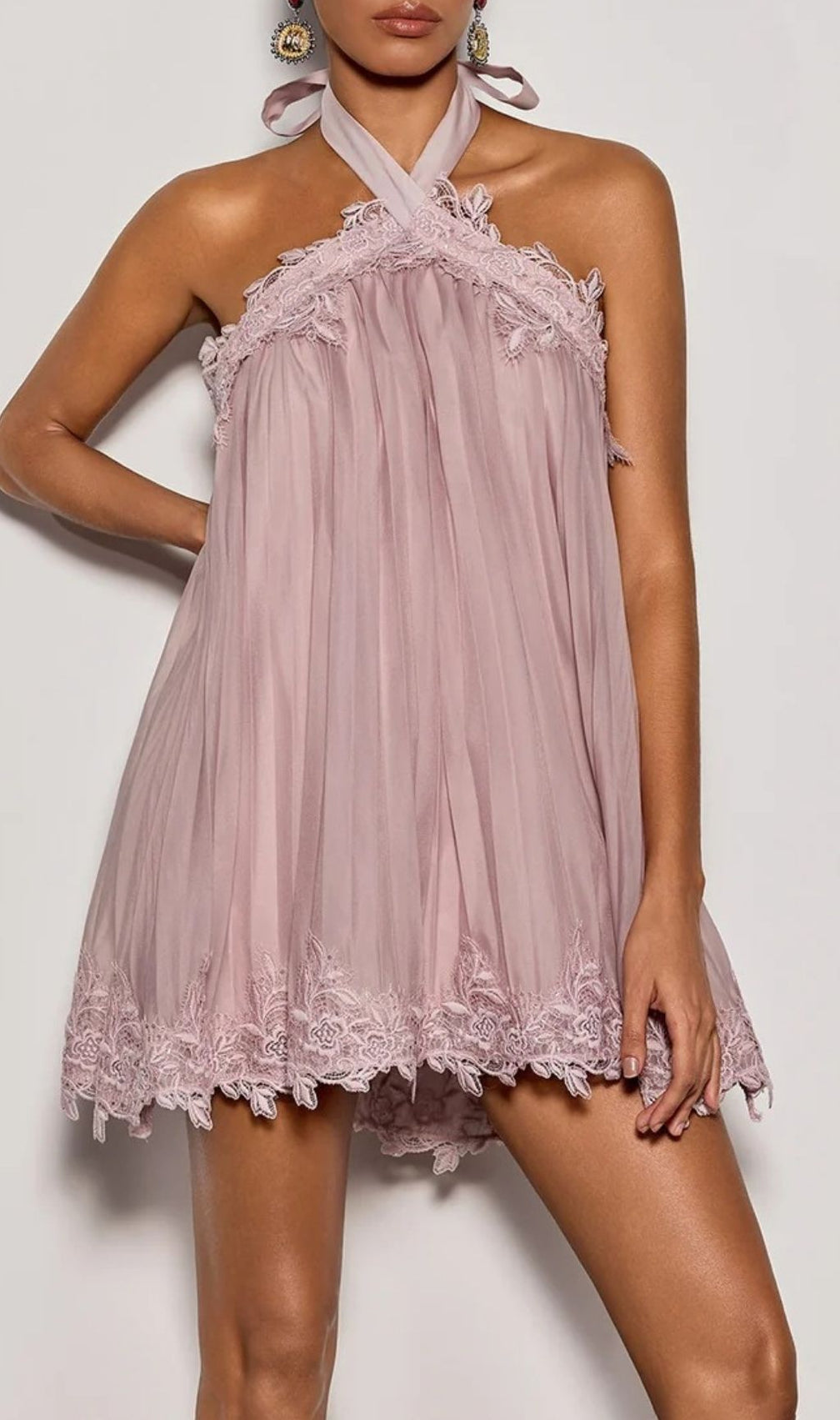 Falven Elegant Halterneck Lace Pleated Mini Dress | Chic Party & Cocktail Attire